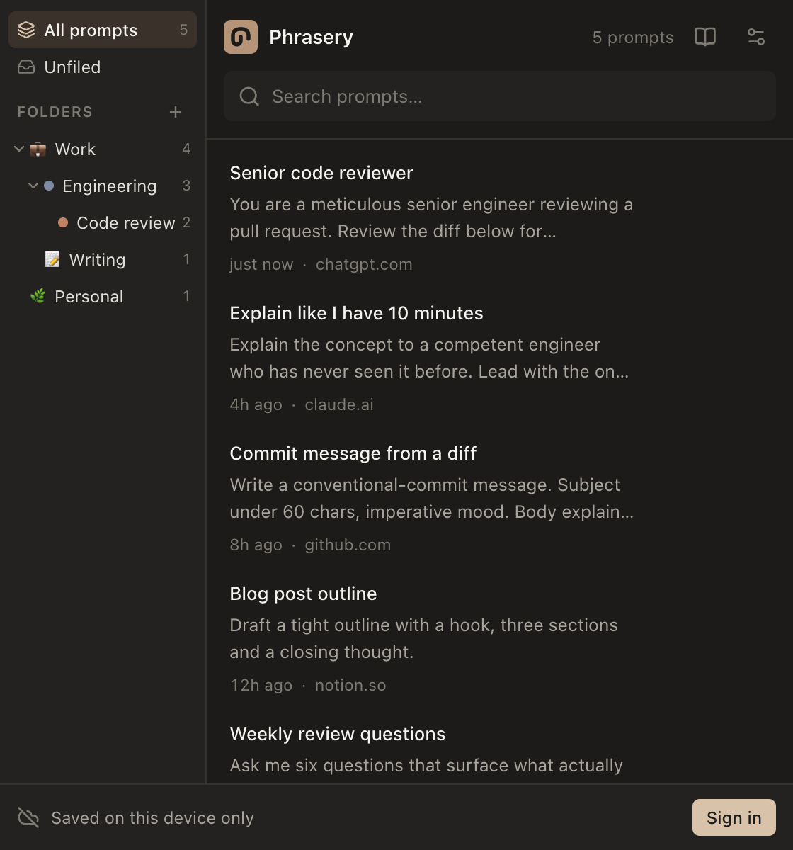 Phrasery in the Dark theme